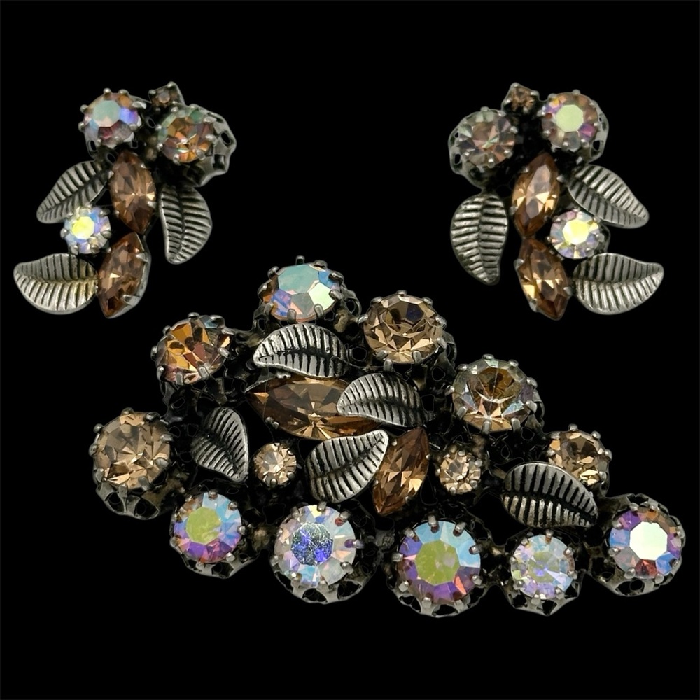 Austria Signed Vintage AB Rhinestone Brooch Earrings Set Parure